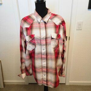 Levi's VTG Red & White Western plaid pearl snap button long sleeve shirt size XL